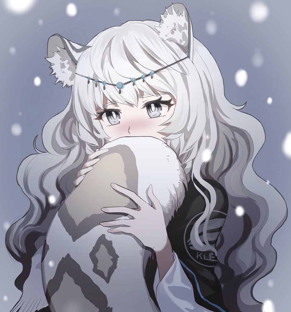 1girl, animal_ear_fluff, animal_ears, arknights, biting, biting_own_tail, blush, capelet, cat_ears, cat_girl, grey_eyes, hair_ornament, holding_tail, long_hair, pramanix_(arknights), snow, solo, tail, tail_biting, vhdtyzusixc7fai, wavy_hair, white_hair