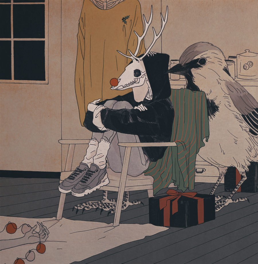1boy, animal, animal_skull, antlers, bird, box, chair, cochlea1313