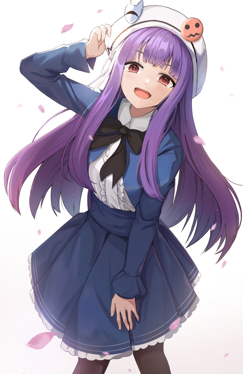 1girl, absurdres, black_bow, black_pantyhose, blue_jacket, blue_skirt, bow, center_frills