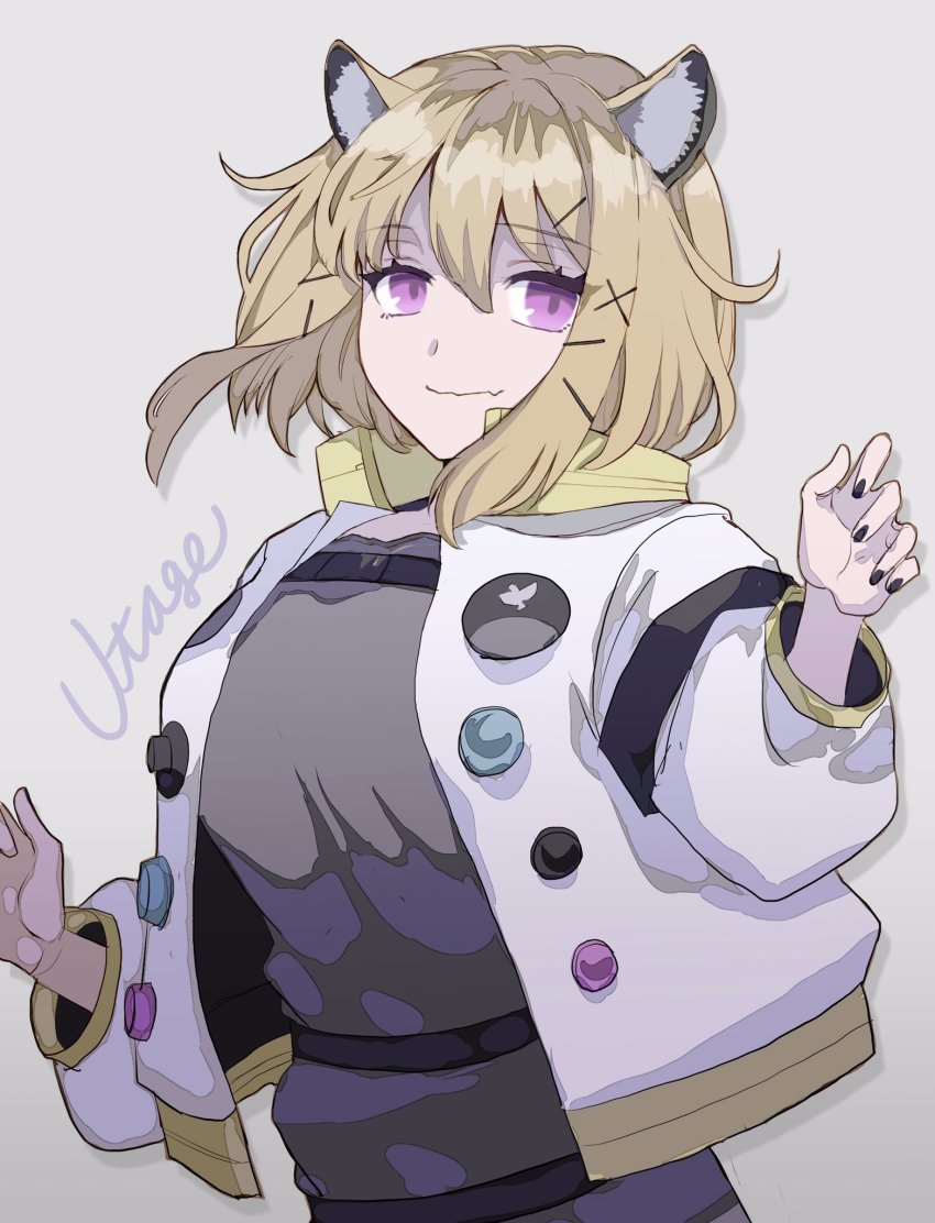 1girl, animal_ears, arknights, breasts, brown_hair, closed_mouth, fang, highres