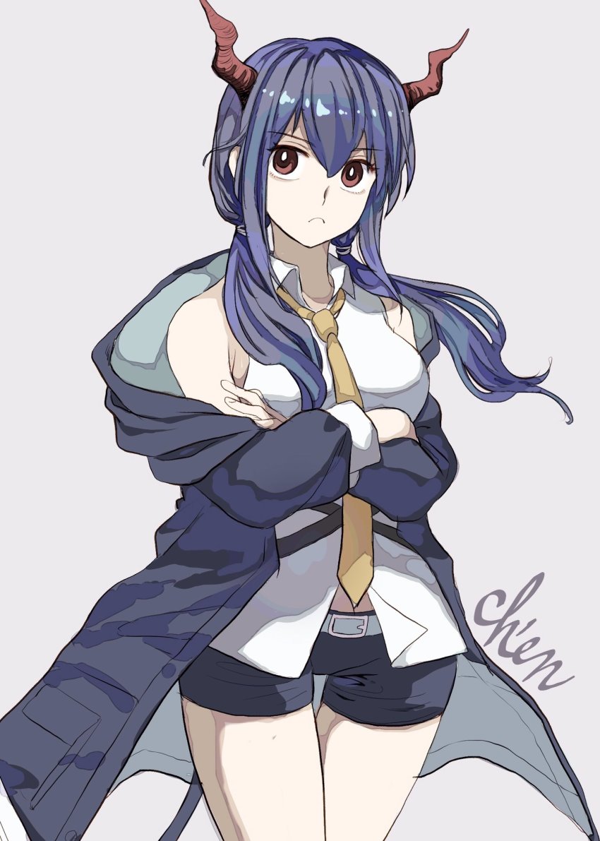 1girl, :<, arknights, armpit_crease, bare_shoulders, blue_hair, brown_eyes, ch'en_(arknights)