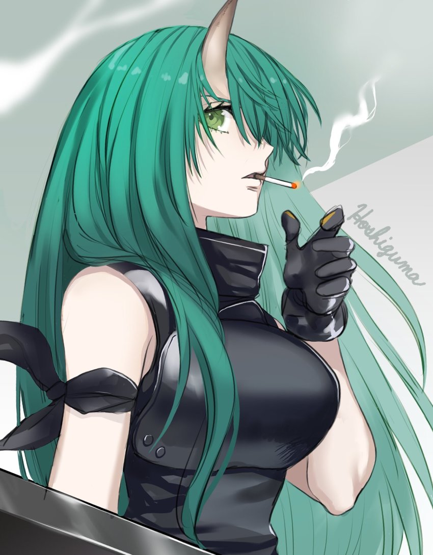 1girl, arknights, bare_shoulders, black_gloves, character_name, cigarette, female_focus, gloves