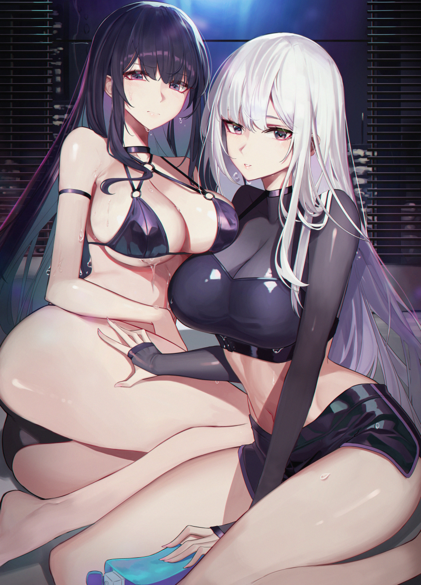 2girls, absurdres, armlet, ass, bad_id, bad_pixiv_id, bare_arms, bare_legs, bare_shoulders, between_legs, bikini, black_bikini, black_shorts, blush, breast_press, breasts, cleavage, closed_mouth, clothing_cutout, collarbone, criss-cross_halter, dripping, fingernails, groin, hair_between_eyes, halterneck, hand_between_legs, hand_on_own_hip, highres, jewelry, large_breasts, long_fingernails, long_hair, long_sleeves, looking_at_viewer, lotion, lotion_bottle, lying, midriff, multiple_girls, nail_polish, navel, navel_cutout, nervous, o-ring, o-ring_bikini, o-ring_top, on_side, original, orn, pink_nails, purple_hair, see-through_clothes, see-through_sleeves, shiny_clothes, shiny_skin, shorts, sidelocks, sitting, skindentation, skirt, smile, stomach, strap_gap, string_bikini, sweat, sweatdrop, swimsuit, symmetrical_docking, thighs, underboob, very_long_hair, white_hair