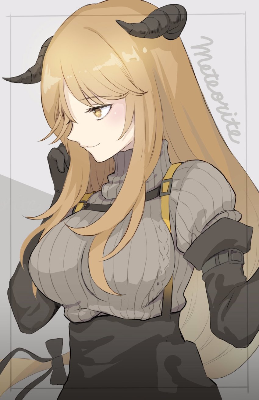 1girl, arknights, black_gloves, breasts, brown_hair, character_name, closed_mouth, demon_girl