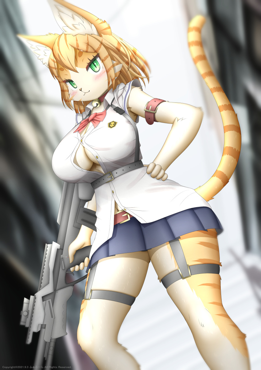 1girl, :3, absurdres, animal_ears, arm_strap, bell, blush, body_fur