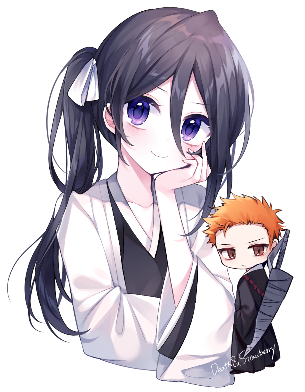 1boy, 1girl, black_hair, black_kimono, bleach, brown_eyes, chibi, commentary