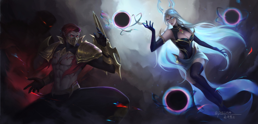 1boy, 1girl, absurdres, artist_name, black_footwear, black_gloves, black_thighhighs, blue_eyes