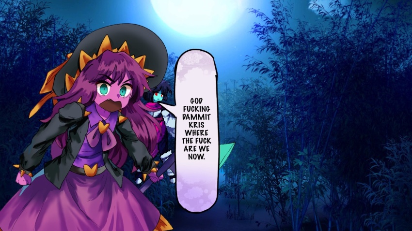 1girl, 1other, axe, bamboo, bamboo_forest, black_headwear, black_jacket, colored_skin