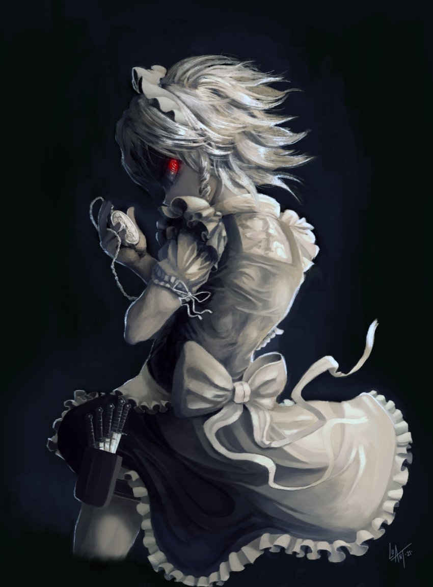 1girl, apron, back, braid, breasts, chain, collared_shirt, dated, dio_brando's_pose, dress, frills, from_behind, greyscale, highres, holding, holding_pocket_watch, izayoi_sakuya, jojo_no_kimyou_na_bouken, jojo_pose, knife, looking_at_viewer, luant, maid, maid_headdress, medium_breasts, medium_skirt, monochrome, pocket_watch, red_eyes, shirt, short_hair, signature, silver_hair, skirt, solo, spot_color, thigh_strap, touhou, twin_braids, waist_apron, watch, white_shirt