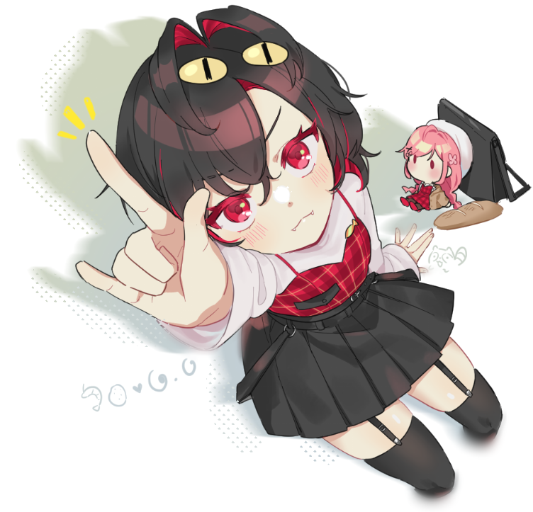 1girl, :3, black_hair, black_skirt, black_thighhighs, blush, camisole, commentary