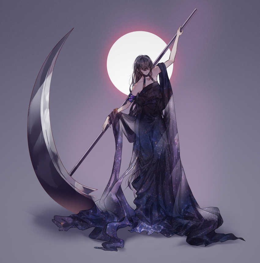 1girl, absurdres, aisnow432, armlet, bare_shoulders, black_dress, black_hair, chinese_commentary, collarbone, commentary_request, dress, evernight_goddess, full_body, full_moon, hidden_eyes, highres, holding, holding_weapon, jewelry, long_hair, lord_of_the_mysteries, moon, red_moon, scythe, smile, solo, weapon