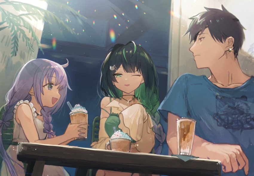 1boy, 2girls, black_hair, blue_eyes, blue_hair, blue_shirt, braid, camisole, cat_hair_ornament, collarbone, colored_inner_hair, crazy_raccoon, cup, dress, drinking_glass, earrings, eyepatch, frilled_dress, frills, green_camisole, green_eyes, green_hair, hair_behind_ear, hair_ornament, highres, holding, holding_cup, jewelry, lens_flare, long_sleeves, looking_to_the_side, mondo_(crazy_raccoon), multicolored_hair, multiple_girls, nijisanji, nijisanji_kr, nisanhonyubi, one_eye_closed, open_mouth, print_shirt, shin_yuya, shirt, sleeves_past_fingers, sleeves_past_wrists, smile, twin_braids, virtual_youtuber, white_dress, yuuki_chihiro