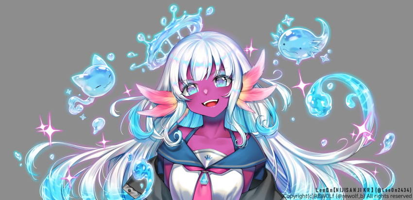 1girl, axolotl, black_jacket, blue_eyes, collarbone, colored_skin, getcha!_(vocaloid), grey_background