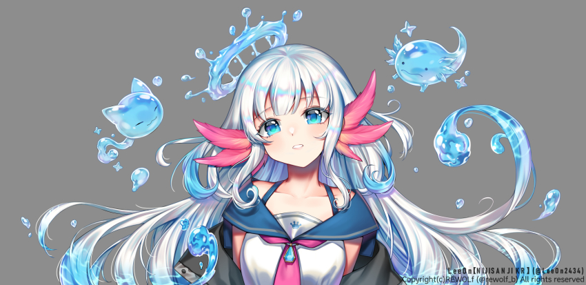 1girl, axolotl, black_jacket, blue_eyes, collarbone, getcha!_(vocaloid), grey_background, head_tilt