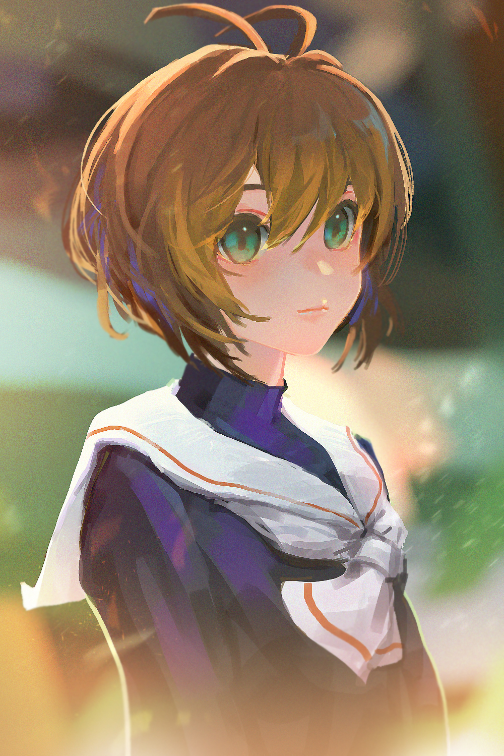 1girl, antenna_hair, blue_shirt, blurry, blurry_background, blurry_foreground, brown_hair, cardcaptor_sakura