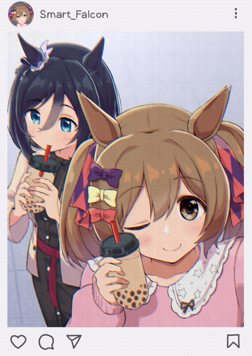 2girls, absurdres, animal_ears, black_dress, black_hair, blush, bow, brown_hair