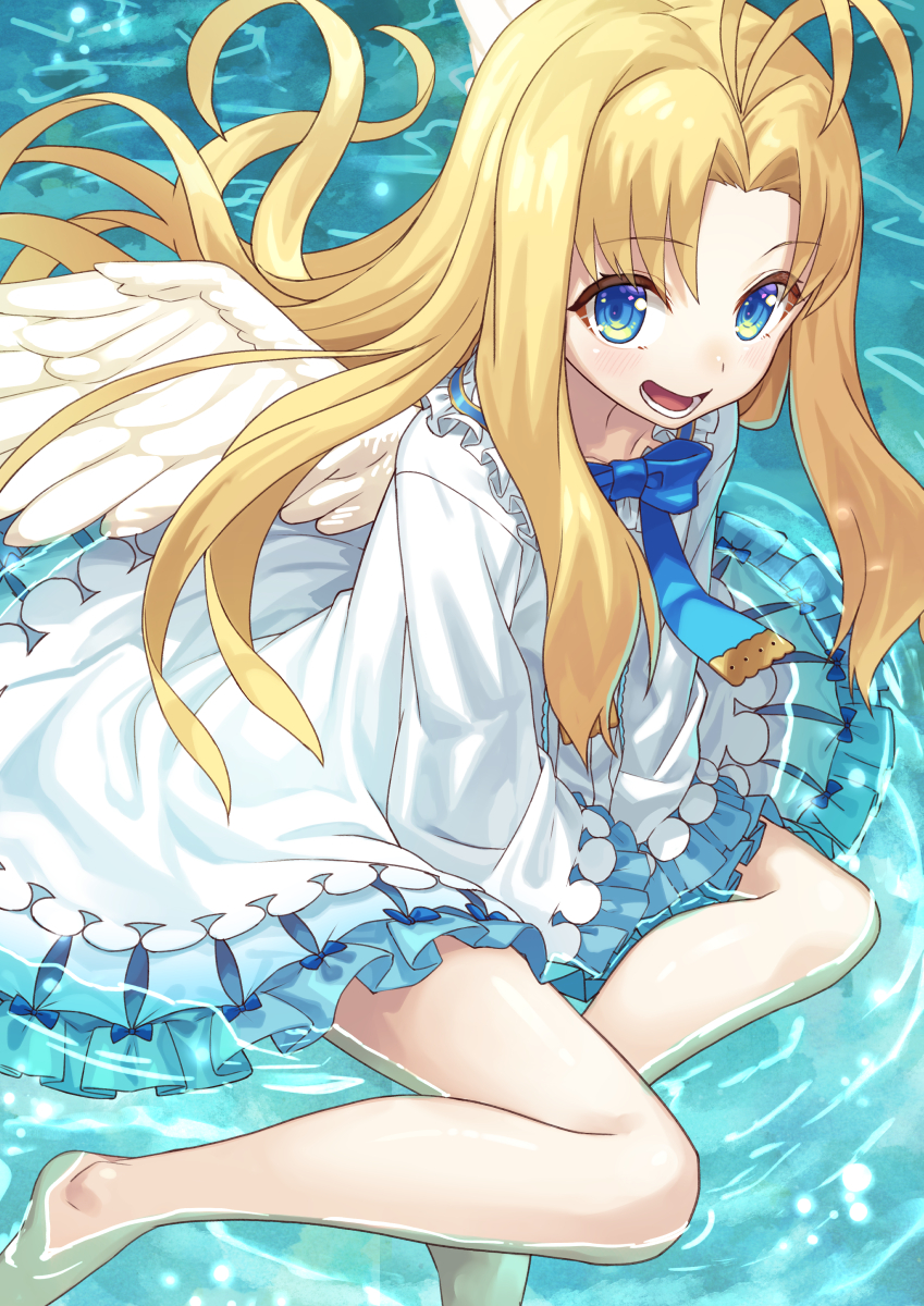 1girl, :d, antenna_hair, barefoot, blonde_hair, blue_bow, blue_eyes, bow