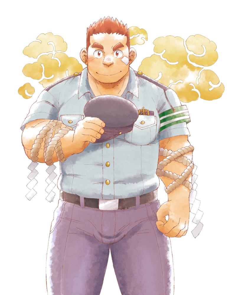 1boy, bandaid, bandaid_on_cheek, bandaid_on_face, bara, blue_pants, blush, brown_hair