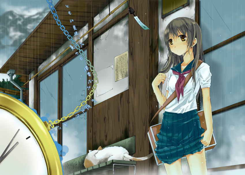 1girl, bad_id, bad_pixiv_id, brown_eyes, brown_hair, cat, female_focus, kurafuji_sachi