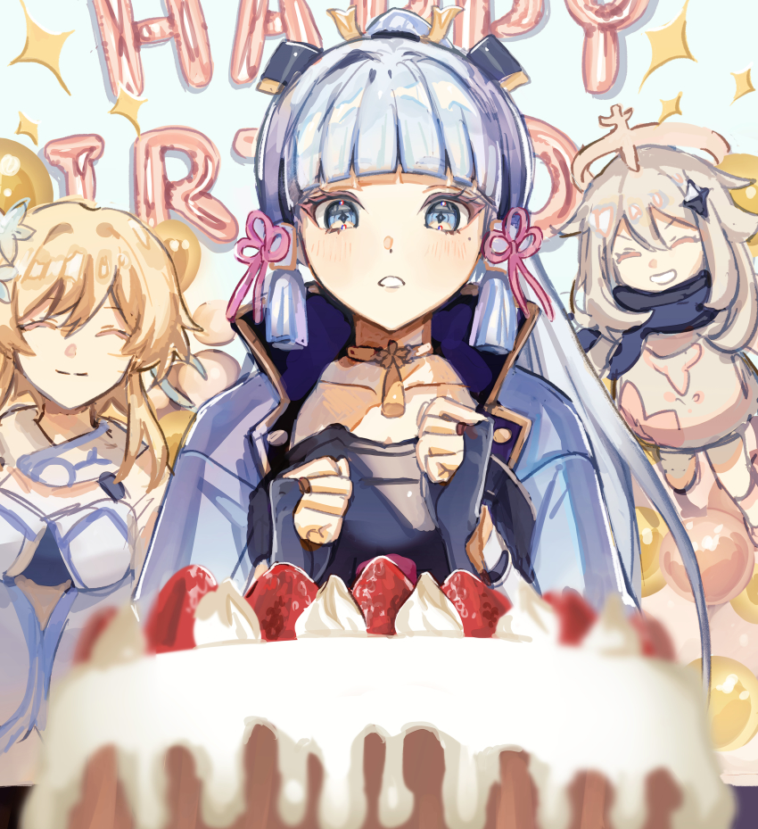 3girls, ^_^, absurdres, ayaka_(genshin_impact), cake, closed_eyes, food, genshin_impact, happy_birthday, highres, lumine_(genshin_impact), multiple_girls, paimon_(genshin_impact), romper, smile, unacha, white_romper