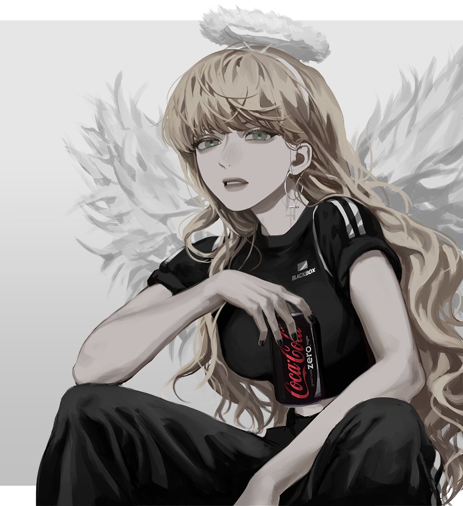 1girl, angel_wings, black_nails, black_pants, black_shirt, blackbox_(blackbox9158), blonde_hair, breasts