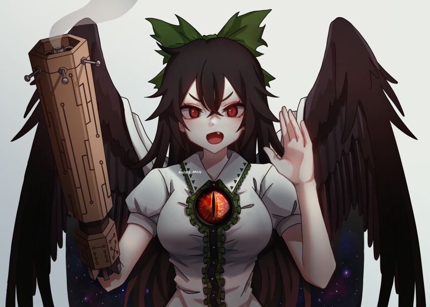 1girl, anies_only, arm_cannon, bad_id, bad_pixiv_id, bird_wings, black_hair, black_wings