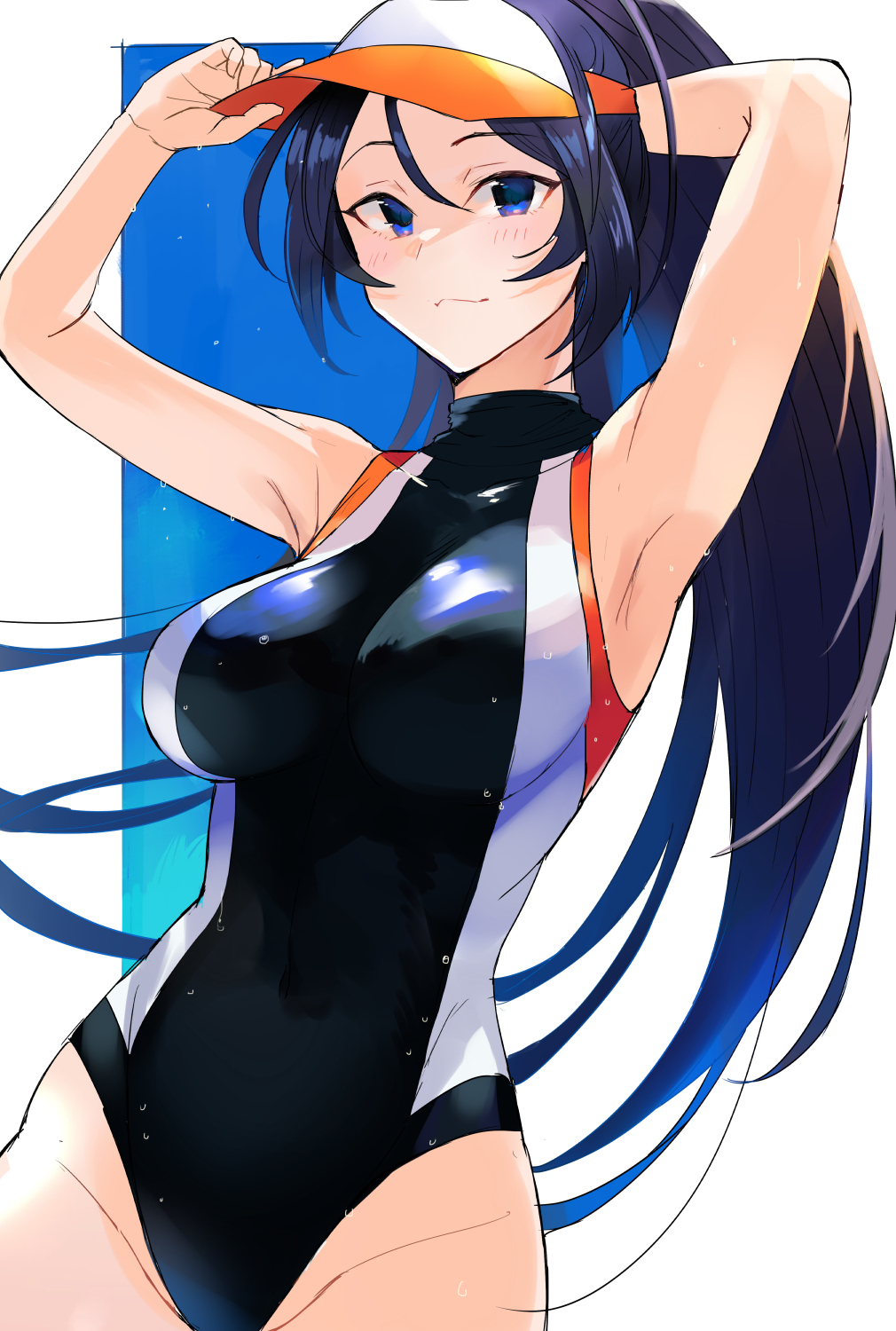 1girl, armpits, arms_up, ashita_(2010), black_hair, blue_eyes, blush, breasts