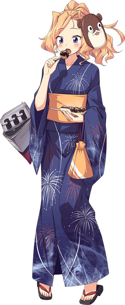 1girl, blonde_hair, blue_eyes, blush, bokukawauso, breasts, eating, fireworks_print, food, food_on_face, full_body, honolulu_(kancolle), honolulu_(yukata)_(kancolle), japanese_clothes, kantai_collection, kimono, large_breasts, long_hair, mask, mask_on_head, official_alternate_costume, official_alternate_hairstyle, official_art, ponytail, rigging, sandals, ship_turret, takoyaki, transparent_background, ugume, yukata