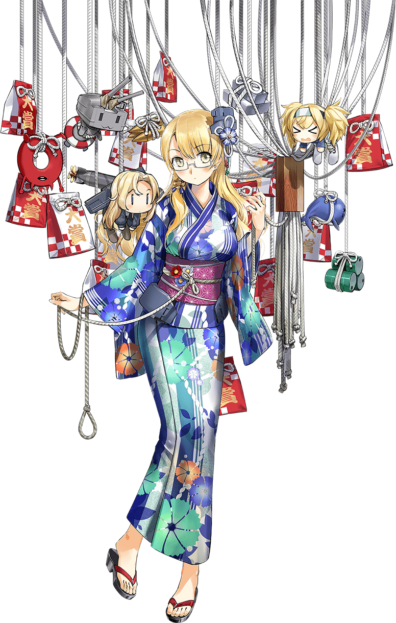>_<, 3girls, black_jacket, blonde_hair, blue_shirt, blunt_bangs, bomber_jacket, breasts, character_doll, chibi, doll, drum_(container), enemy_lifebuoy_(kancolle), floral_print, full_body, gambier_bay_(kancolle), green_eyes, hairband, highres, hornet_(kancolle), jacket, japanese_clothes, kantai_collection, kimono, large_breasts, little_blue_whale_(kancolle), long_hair, multiple_girls, northampton_(kancolle), northampton_(yukata)_(kancolle), northampton_(yukata_mode)_(kancolle), northampton_kai_(kancolle), official_alternate_costume, official_art, rensouhou-chan, rope, sandals, semi-rimless_eyewear, shirt, transparent_background, twintails, yukata, zeco, |_|