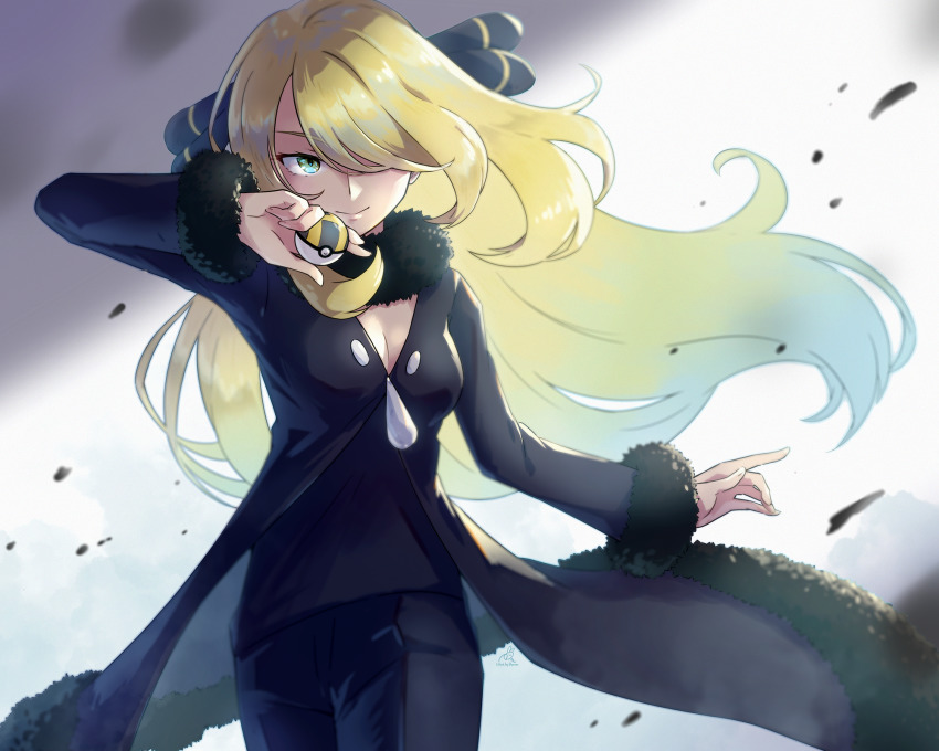 1girl, black_coat, black_pants, black_shirt, blonde_hair, breasts, cleavage, closed_mouth