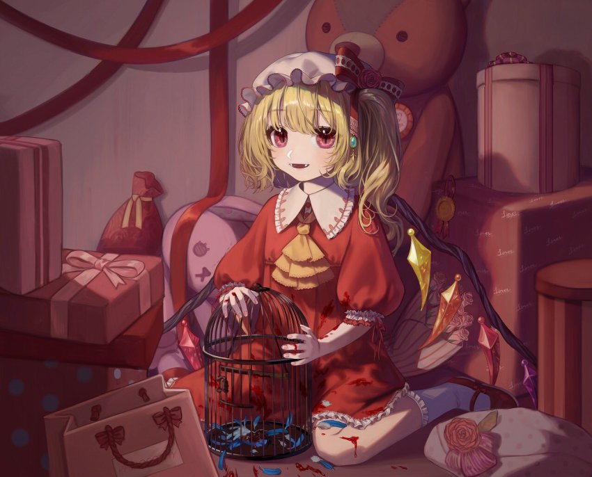 1girl, adapted_costume, ascot, birdcage, blonde_hair, blood, blood_on_clothes, box