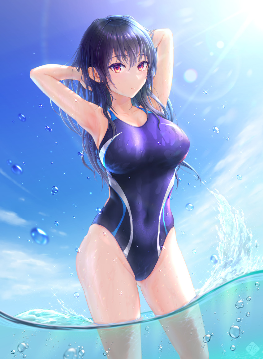1girl, absurdres, armpits, arms_behind_head, arms_up, back_cutout, black_hair, blush, breasts, caustics, clothing_cutout, collarbone, competition_swimsuit, contrapposto, covered_navel, cowboy_shot, day, dripping, gluteal_fold, groin, hanegaito, highleg, highleg_one-piece_swimsuit, highres, large_breasts, lens_flare, light_frown, long_hair, looking_at_viewer, ocean, one-piece_swimsuit, original, outdoors, partially_underwater_shot, purple_one-piece_swimsuit, red_eyes, shiny_clothes, solo, standing, sunlight, swimsuit, wading, water, water_drop, waves, wet, wet_clothes, wet_hair, wet_swimsuit