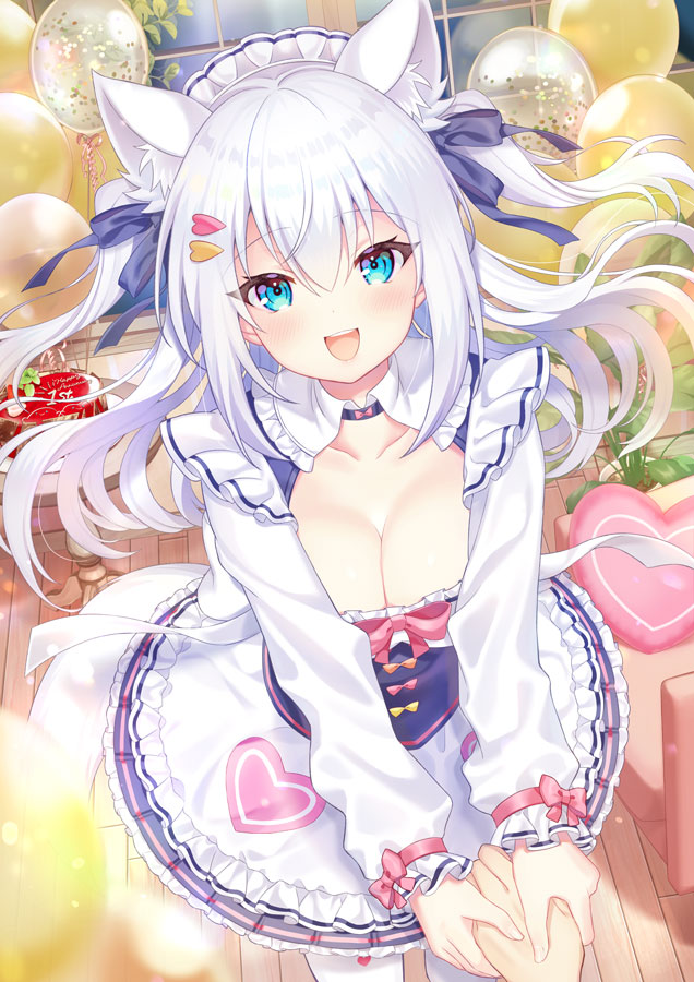 1girl, animal_ears, anniversary, balloon, blue_eyes, breasts, cake, cat_ears