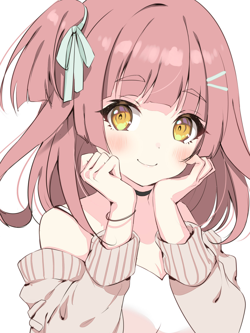 1girl, absurdres, bangle, bare_shoulders, black_choker, blush, bracelet, breasts, brown_eyes, brown_hair, brown_jacket, camisole, choker, cleavage, closed_mouth, commentary_request, green_ribbon, hair_ornament, hair_ribbon, hairclip, hamiya_yuru, hands_up, highres, jacket, jewelry, long_hair, long_sleeves, looking_at_viewer, off_shoulder, one_side_up, open_clothes, open_jacket, ribbon, simple_background, small_breasts, smile, solo, tatejima_uri, thick_eyebrows, upper_body, virtual_youtuber, white_background, white_camisole