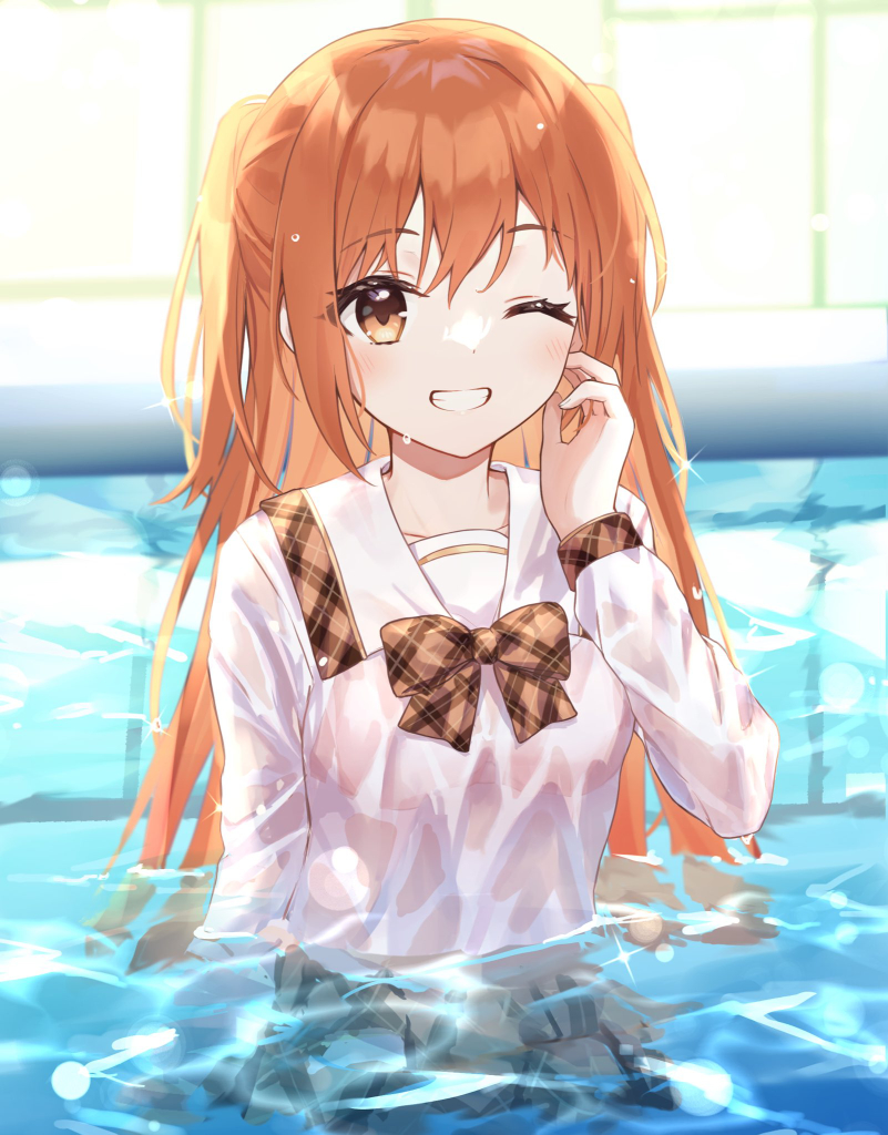 1girl, backlighting, blush, bow, bra, bra_visible_through_clothes, breasts, brown_bow