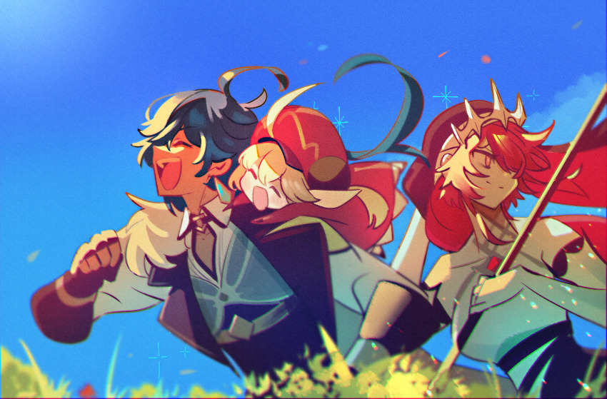 1boy, 2girls, :d, ^_^, ahoge, black_gloves, black_hair, closed_eyes