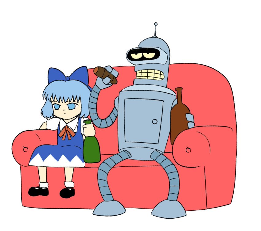 1girl, beer_bottle, bender_bending_rodriguez, cigarette, cirno, couch, crossover, futurama