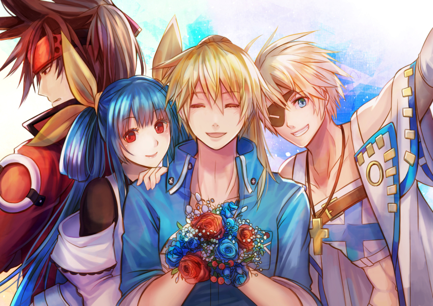 1girl, 3boys, blonde_hair, blue_eyes, blue_flower, brown_hair, closed_eyes, cross