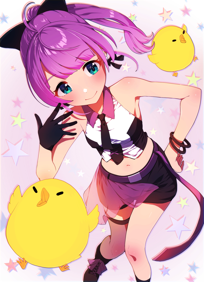 1girl, ahoge, aqua_eyes, baby_animal, bike_shorts, bird, black_gloves, black_neckwear