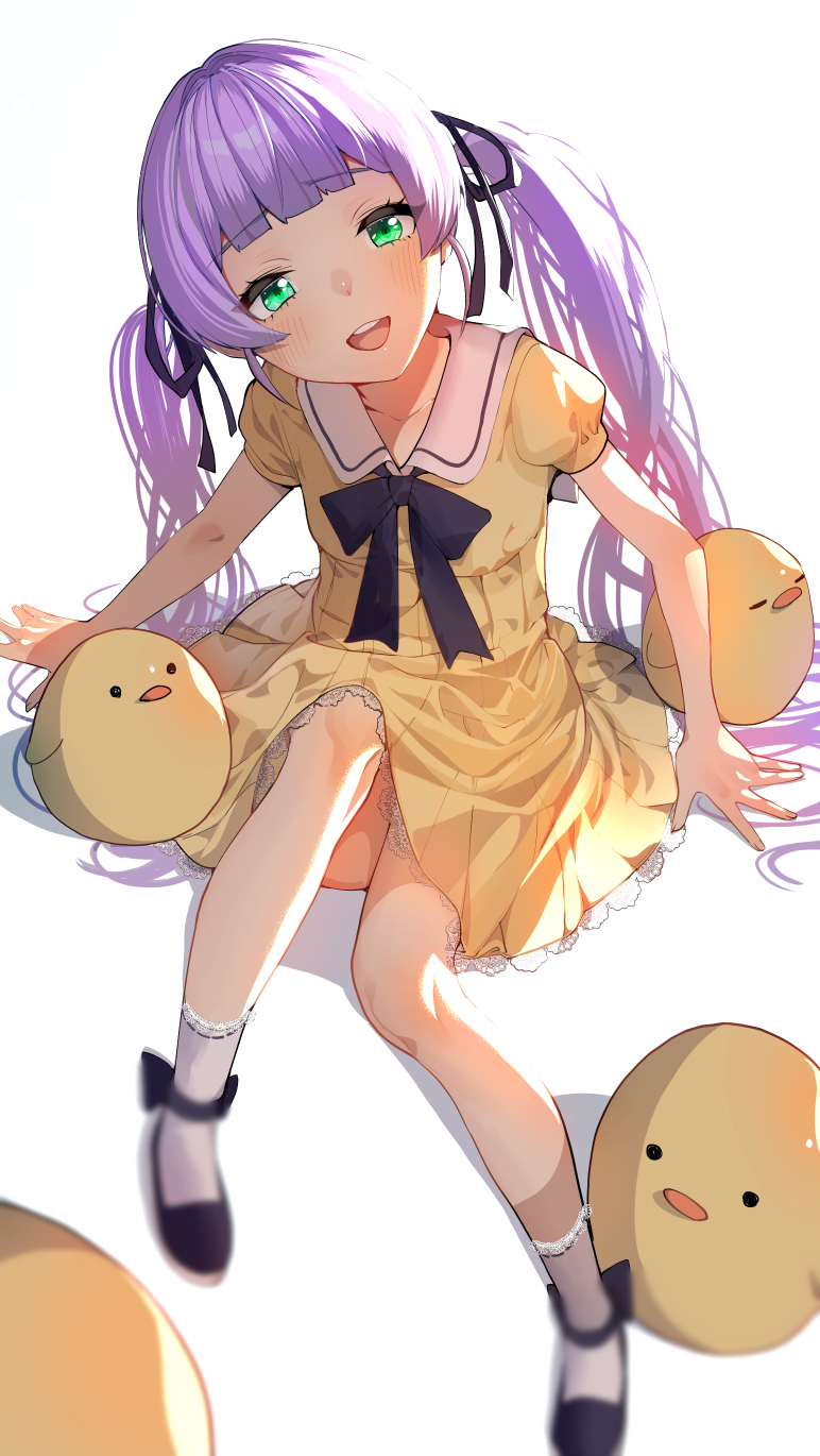 1girl, baby_animal, bird, black_footwear, black_neckwear, blurry, blush, bpa_(artist), chick, dress, female_focus, frilled_dress, frills, green_eyes, highres, looking_at_viewer, mochi_hiyoko, mochipro, open_mouth, shoes, sitting, socks, twintails, virtual_youtuber, yellow_dress