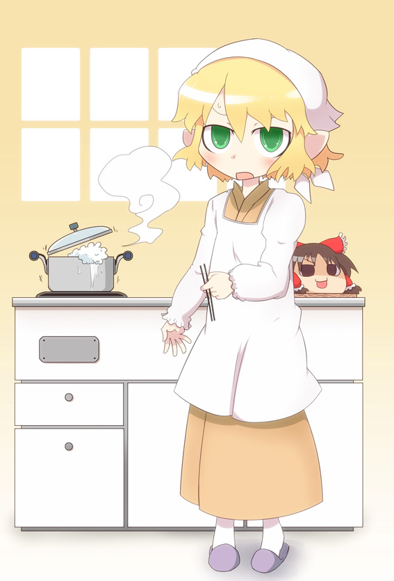 1girl, 221_(tsutsuichi), alternate_costume, apron, blonde_hair, blush, boiling, brown_kimono