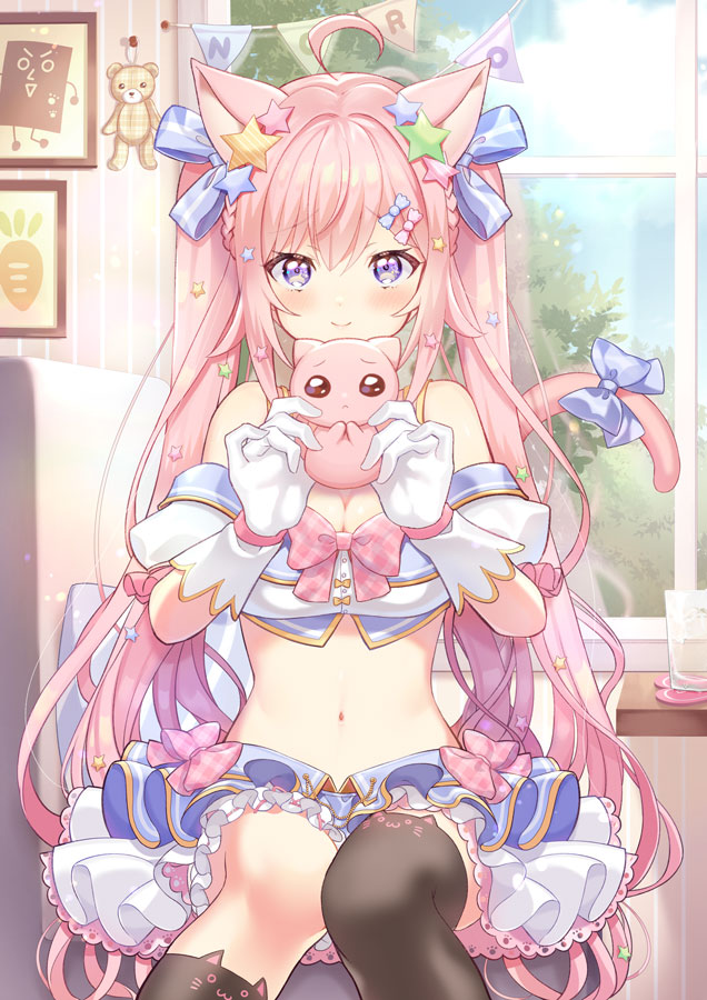 1girl, ahoge, animal_ears, asymmetrical_legwear, bare_shoulders, black_socks, blue_ribbon, blush