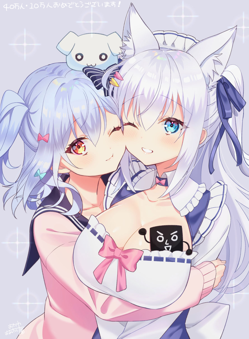 1boy, 1girl, animal_ear_fluff, animal_ears, black_bow, black_sailor_collar, blue_eyes, blue_hair