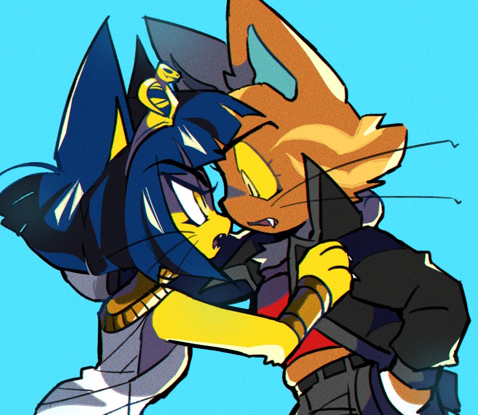 2girls, ancient_egyptian_clothes, animal_crossing, animal_ears, ankha_(animal_crossing), blue_background, blue_hair, cat_ears, cat_girl, colored_sclera, colored_skin, furry, furry_female, hair_ornament, jacket, katt_(animal_crossing), loveycloud, multiple_girls, nintendo, short_hair, snake_hair_ornament, usekh_collar, whiskers, yellow_fur, yellow_sclera, yellow_skin