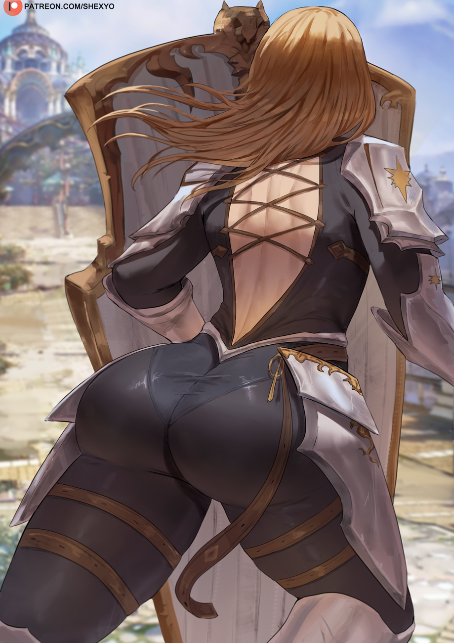 1girl, armor, ass, ass_focus, back, back_cutout, black_bodysuit, blonde_hair, blue_sky, blurry, blurry_background, bodysuit, clothing_cutout, cloud, criss-cross_back-straps, facing_away, from_behind, highres, kisara_(tales), leg_armor, long_hair, outdoors, patreon_username, pauldrons, see-through_clothes, shexyo, shield, shoulder_armor, sky, solo, tales_of_(series), tales_of_arise, thighs