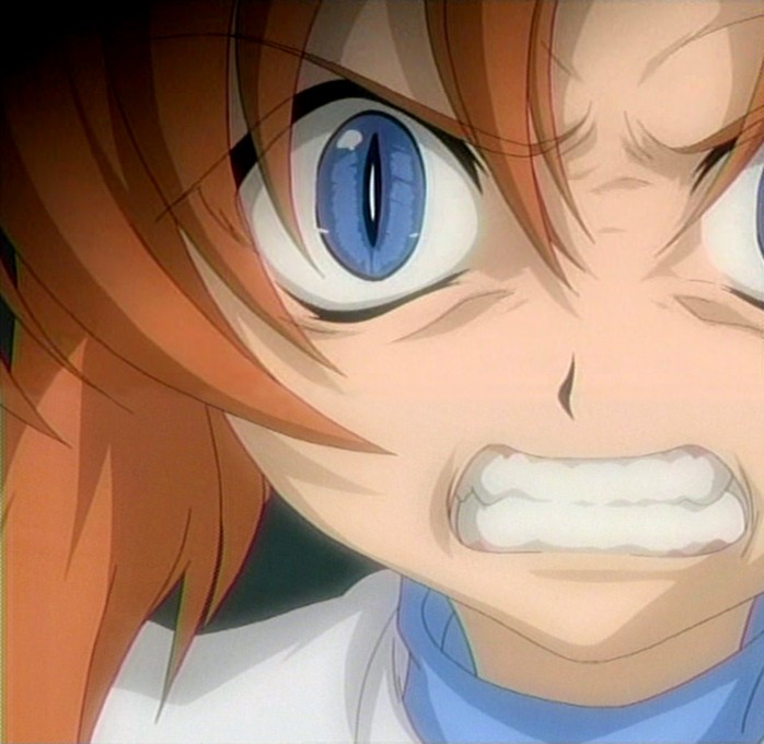 00s, angry, anime_screenshot, blue_eyes, crazy_eyes, furious, higurashi_no_naku_koro_ni, orange_hair, oyashiro, red_hair, ryuuguu_rena, slit_pupils, solo, uso_da