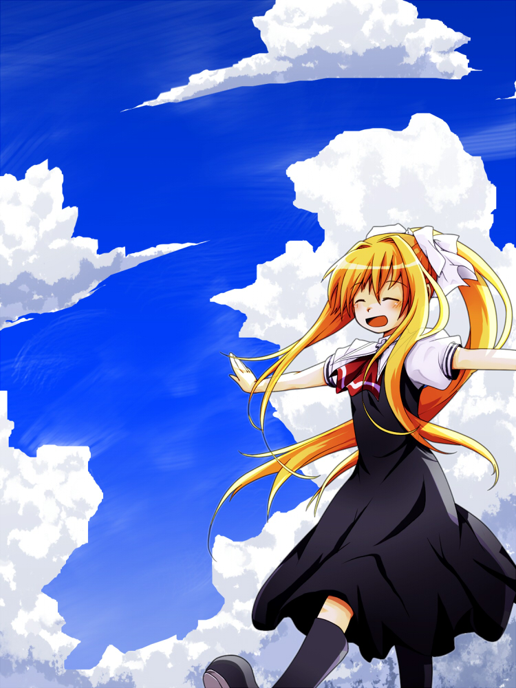 00s, 1girl, air_(visual_novel), blonde_hair, blush, closed_eyes, cloud, day