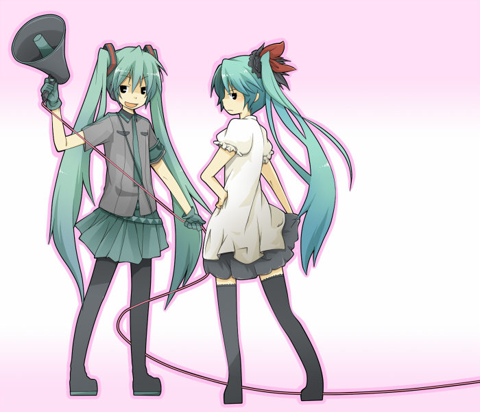 cable, creator_connection, detached_sleeves, green_eyes, green_hair, hand_on_own_hip, hatsune_miku, hatsune_miku_(supreme)