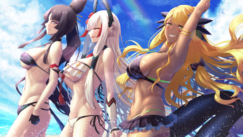 3girls, armpits, arms_up, bare_shoulders, beach, bikini, black_bikini, black_gloves, black_hair, blonde_hair, blue_sky, blush, breasts, cleavage, closed_eyes, dark-skinned_female, dark_skin, detached_sleeves, dragon_girl, dragon_horns, dragon_tail, facial_mark, fate/grand_order, fate_(series), forehead_mark, gloves, grin, hair_bun, half_gloves, highres, horns, kiichi_hogen_(fate), kiichi_hogen_(pinky_beach)_(fate), large_breasts, long_hair, looking_at_viewer, medium_breasts, multicolored_eyes, multiple_girls, ocean, open_mouth, orange_eyes, parted_bangs, pointy_ears, purple_eyes, purple_lips, revision, sharp_teeth, shiroshisu, side_bun, side_ponytail, sidelocks, single_hair_bun, single_side_bun, sky, smile, swept_bangs, swimsuit, tail, taira_no_kagekiyo_(fate), taira_no_kagekiyo_(pinky_beach)_(fate), tassel, teeth, ushiwakamaru_(fate), very_long_hair, vritra_(fate), vritra_(ocean_flyer)_(fate), water, white_bikini, white_hair, yellow_eyes