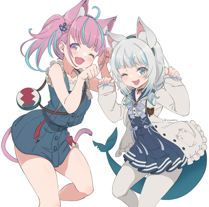2girls, ;d, age_difference, ahoge, anchor_hair_ornament, animal_ear_fluff, animal_ears, bag
